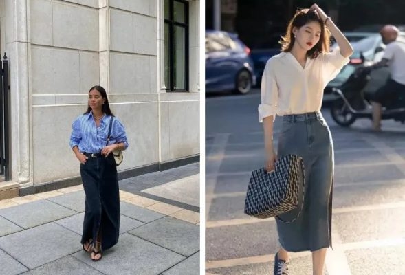 Chân váy bò dài phối với áo gì