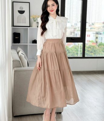 Chân váy 3 tầng dài mặc với áo gì